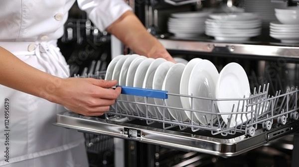 Obraz Close-up of a hand loading clean white dishes into a dishwasher in a kitchen setting