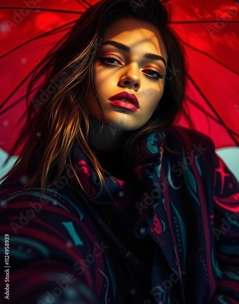 Fototapeta Red Umbrella Romance: A captivating portrait of a young woman with a red umbrella, her face illuminated by the soft glow of sunlight. The image evokes a sense of mystery and intrigue.
