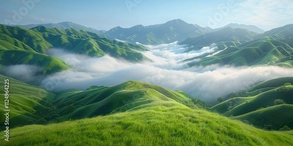 Obraz Lush green hills enveloped in soft mist under a bright sky at dawn