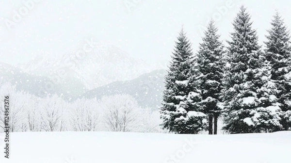 Fototapeta Winter landscape with snow covered trees in a serene forest setting