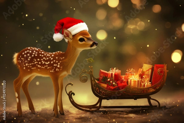 Fototapeta A charming deer fawn wearing a Santa hat, standing beside a glowing sleigh filled with presents.