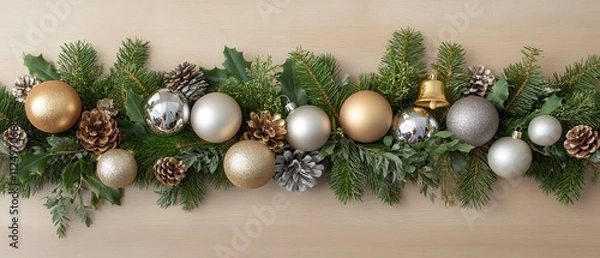 Fototapeta Create a warm Christmas atmosphere with gold and silver ornaments, bells, and lush greenery arranged on a light wooden surface, ideal for a holiday card design.