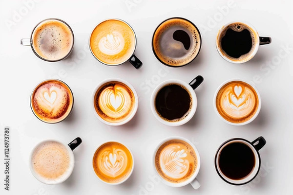 Fototapeta different types of coffee on white background top view