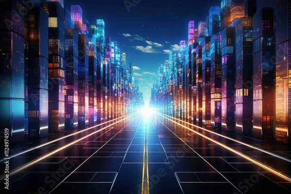 Fototapeta Incredible 3D Rendering of abstract highway path through digital binary towers in city