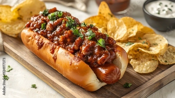 Obraz Vindaloo-inspired, this hearty dish features a juicy hot dog topped with a spicy, robust chili sauce, paired with crispy chips for a flavorful and satisfying meal.