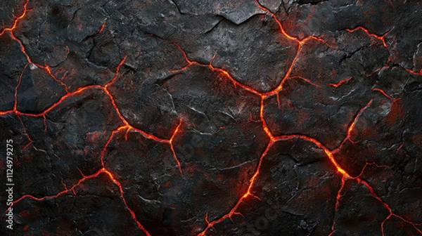 Fototapeta Textured volcanic rock surface with glowing lava cracks in dark colors, showcasing the raw beauty of nature's powerful forces and geological formations