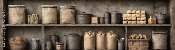 Fototapeta A rustic shelf filled with various jars, bags, and containers, showcasing an assortment of dry goods and preserved items in a vintage setting.