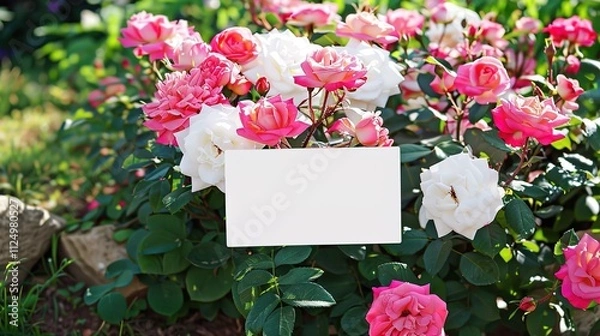 Fototapeta Mockup Blank Postcard Letter on Rose Flowers Background, Delicate Floral Setting for Your Message Display.