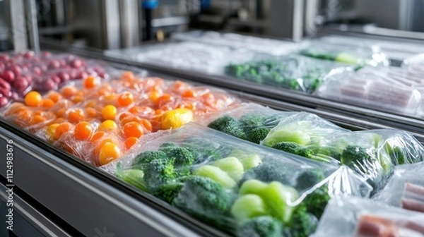 Fototapeta Frozen food packaging line, vegetables flash-frozen then bagged, conveyor belts guiding sealed pouches into boxes