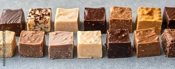 Fototapeta A selection of handmade fudge blocks in various flavors and textures