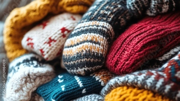 Fototapeta Close-up of a collection of warm, colorful knitted items, including gloves, hats, and sweaters.
