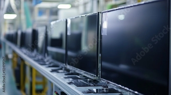 Fototapeta LED TV assembly line, large flat panels carefully placed into frames, protective films peeled off by gentle suction tools