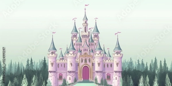Obraz A whimsical pink castle set against a misty forest backdrop.