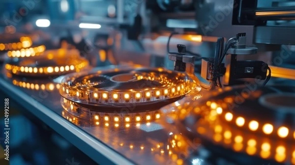 Fototapeta LED strip manufacturing line, reels of LEDs soldered onto flexible strips, testing stations checking brightness