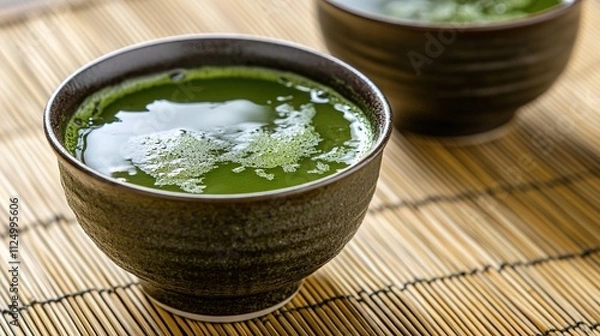 Fototapeta minimalist presentation of matcha green tea in traditional japanese teacup placed on bamboo mat