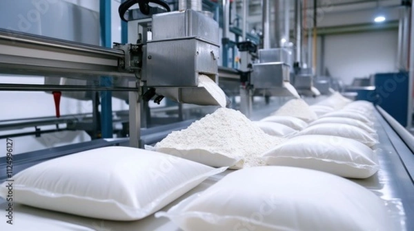 Fototapeta Milk powder packaging line: large hoppers feeding powder into pouches, heat sealers closing them, all in a neat sequence
