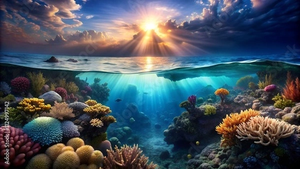 Fototapeta Colorful coral reef and fish underwater with bright sunlight shining through ocean waves