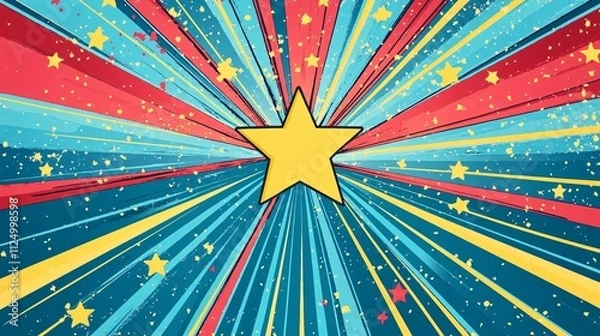 Fototapeta A vibrant graphic featuring a central yellow star, radiating colorful rays of blue, red, and yellow, creating a dynamic and energetic visual effect.