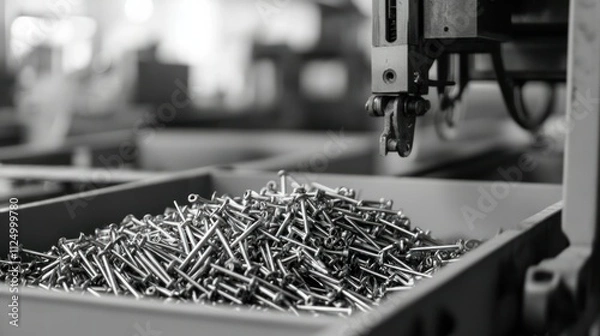 Fototapeta Nail and screw production line, metal wires drawn and cut at high speed, bins filling with shiny fasteners
