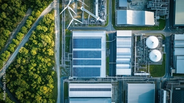 Obraz Aerial view of industrial complex with solar panels and wind turbine.
