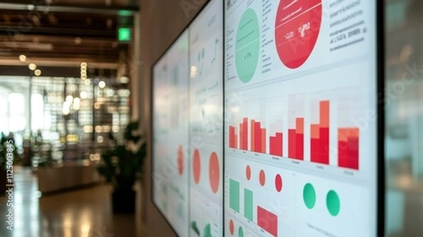 Fototapeta Predictive analytics software visualized on a large wall display, red and green indicators showing production health