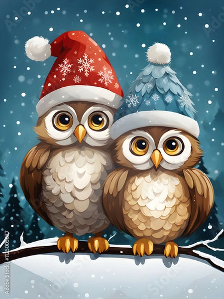 Fototapeta Illustration of Two Cute Owls Sitting on a Branch in a Winter Landscape