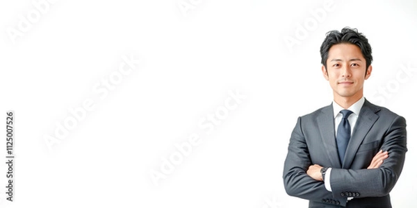 Obraz 白い背景に自信のある表情で腕組みをする日本人の男性ビジネスマン