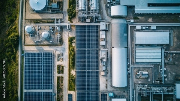 Obraz Aerial view of industrial complex with solar panels and infrastructure.