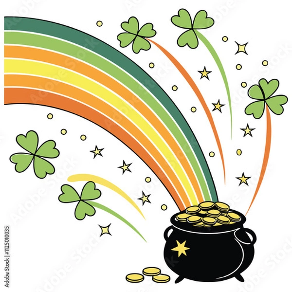 Fototapeta Pot of Gold Burst Vector Design with Rainbow, Clovers, and Sparkles for St. Patrick's Day