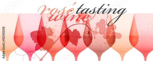 Obraz Background elegant illustrations of colorful glasses of rose wine. Mixed with silhouette of vine leaves and bunch of grapes. Vector drawing