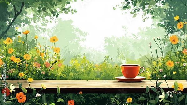 Fototapeta 緑豊かな庭とカラフルな花々に囲まれたティータイムのイラスト