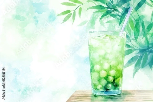 Fototapeta Refreshing Muscat Grape Bubble Tea with Ice Cubes on Wooden Table