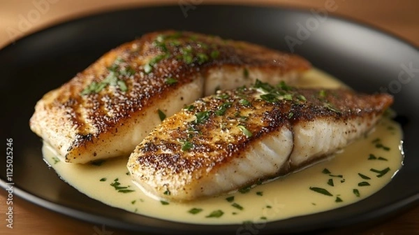 Obraz Barramundi is elegantly plated, featuring perfectly seared fillets drizzled with creamy sauce and garnished with fresh herbs, creating an inviting and delicious presentation.