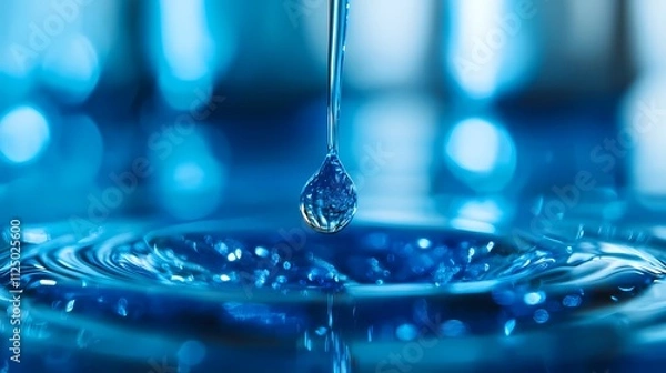 Fototapeta A captivating close-up of a water droplet descending into rippling blue water.