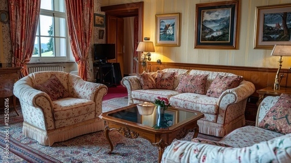 Fototapeta A promotional image of a luxurious hotel suite with a comfortable seating area.