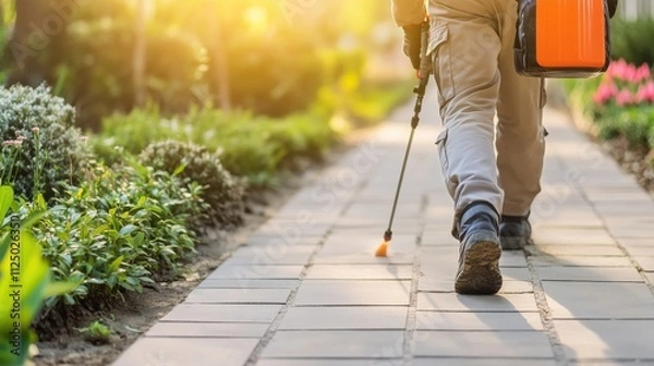 Fototapeta Professional Pest Control Technician Applying Treatment in a Lush Garden Environment During Sunset for Home and Garden Maintenance Services