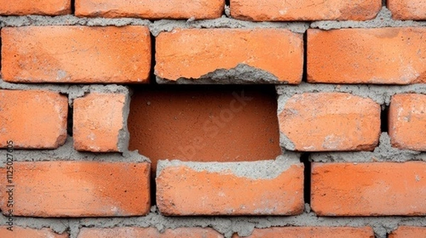 Fototapeta Damaged Red Brick Wall with Exposed Hole and Uneven Surface Texture and Mortar