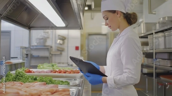 Fototapeta Professional chef in a commercial kitchen preparing fresh ingredients while using a digital tablet to manage food inventory and enhance kitchen efficiency.