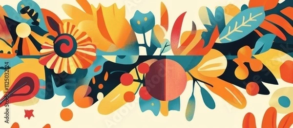Fototapeta Vibrant floral and leaf design with abstract shapes and warm colors.