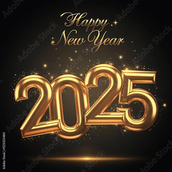Obraz Happy new year 2025. golden "2025" balloons floating, confetti in the air, lavender color backdrop, celebratory mood, glitter and fireworks background.