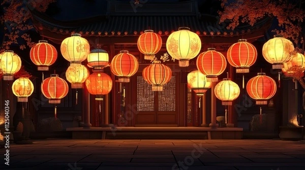 Obraz Glowing red lanterns adorning traditional chinese temple at night for chinese new year celebrations.