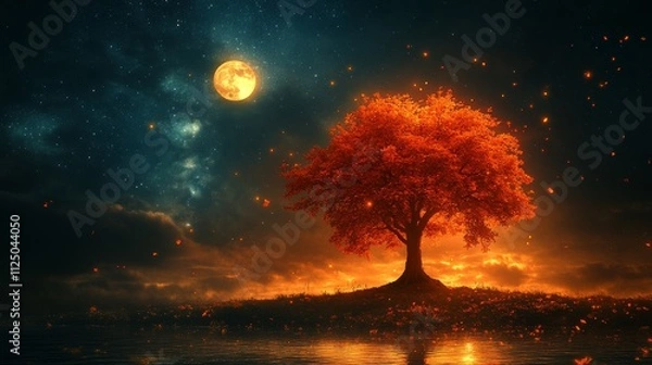 Fototapeta maple tree in autumn and full moon with stars in the night sky background
