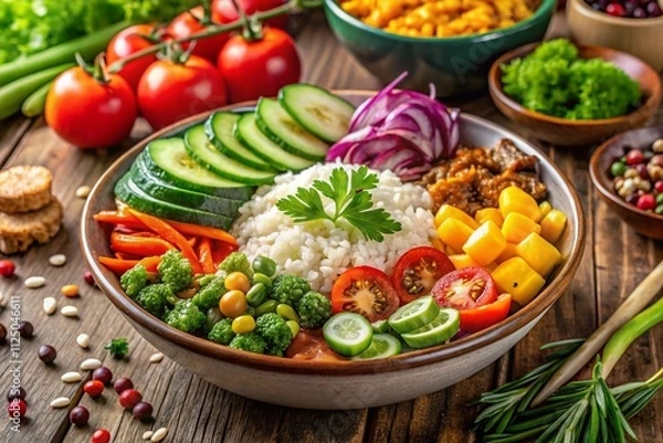Fototapeta Colorful and Delicious Rice Bowl with Fresh Vegetables, Protein, and Flavorful Sauces, Perfectly Arranged for a Stunning Culinary Presentation in a Bright Setting