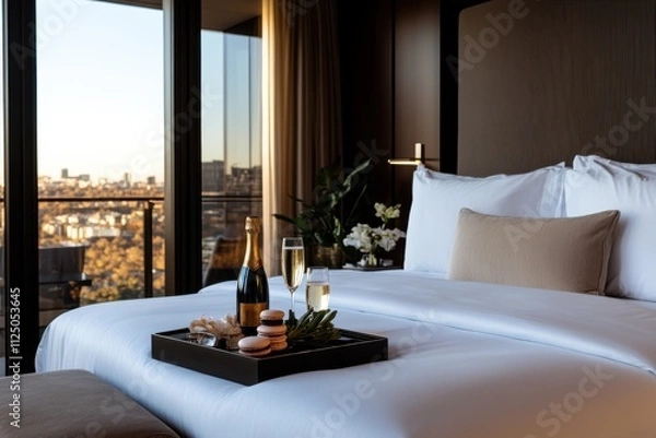 Fototapeta A stunning hotel room featuring elegant furnishings, a cozy bed, and a tray with champagne and snacks, showcasing luxury and comfort in a vibrant city setting.