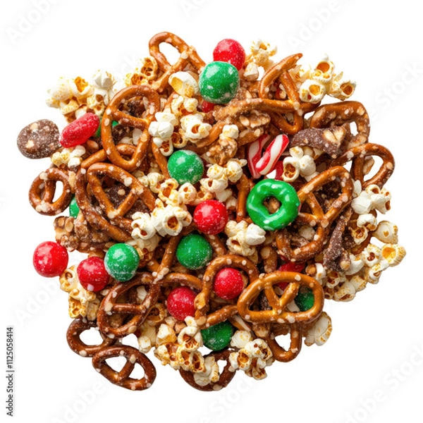 Fototapeta Colorful mix of pretzels, popcorn, and candies on a white isolated background.