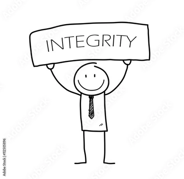 Fototapeta Integrity, a hand drawn vector illustration of a stick figure businessman holding a board with "INTEGRITY" written on it.