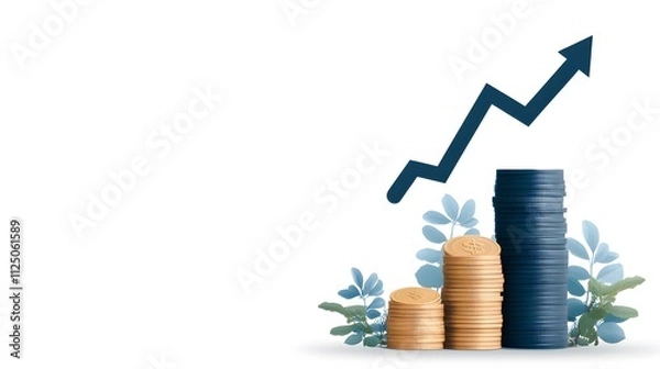 Fototapeta Flat vector stack of coins with an upward arrow indicating growth in wealth