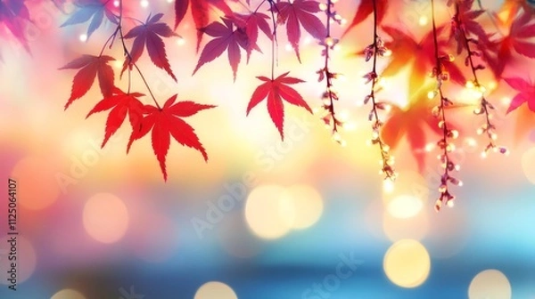 Fototapeta Japanese Maple Leaves, Vibrant Autumn Foliage with Bokeh Lighting and Space, Nature Background
