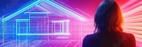 Obraz Digital neon bright house blueprint with observer