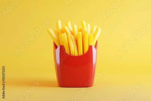 Fototapeta Crispy golden fries served in a red container against a vibrant yellow background for an appetizing visual feast
